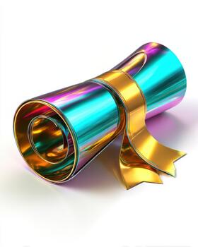 Brightly colored diploma with a golden ribbon photo