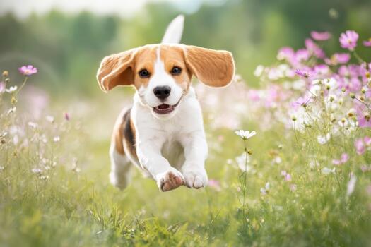Beagle puppy joyfully running through a flower field photo