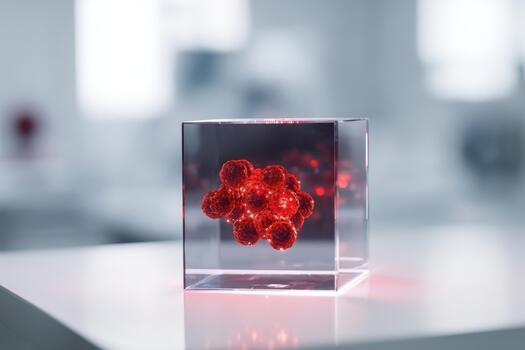 Molecular structure displayed in a clear cube with red design photo