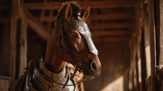 Strong horse wearing armor in historical stable setting photo