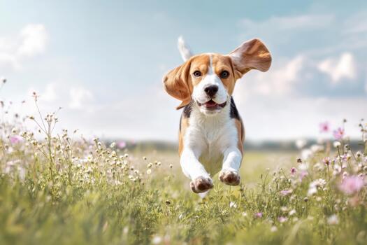 Happy beagle running through a field of flowers photo
