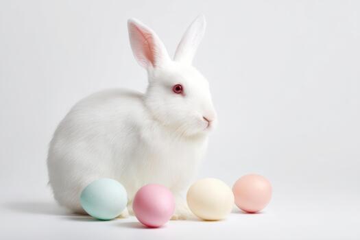 White rabbit with pastel eggs on a plain background photo