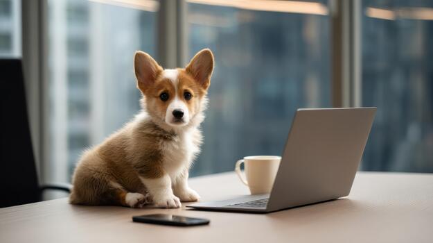 Corgi puppy explores office space with laptop and coffee photo