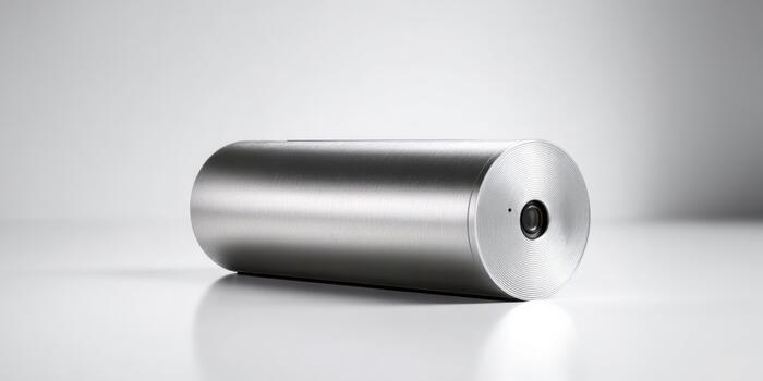 Modern cylindrical camera on a minimalistic surface photo