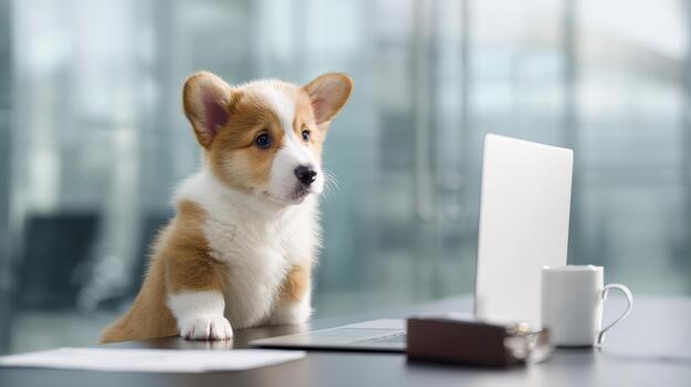 Corgi puppy exploring work desk environment in office setting photo