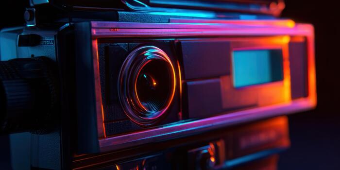 Close-up view of retro camera with vibrant neon lights photo