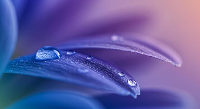 Closeup of a water droplet resting on a purple flower petal with a soft blurred background. A macro nature shot creating banner abstract backdrop for beauty, spa, and spring themes with copy space photo