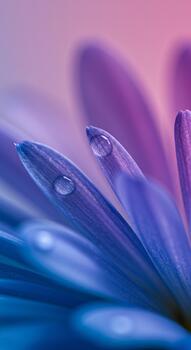 Close-up of a water droplet resting on a purple flower petal with a soft blurred background. A macro nature shot creating vertical abstract backdrop for beauty, spa, and spring themes with copyspace photo