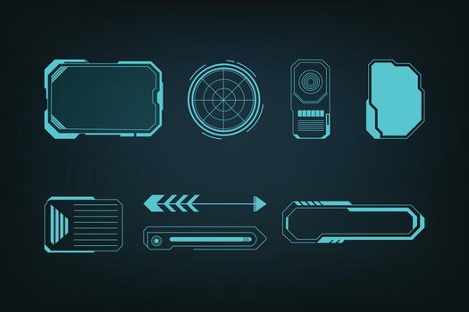 Futuristic HUD user interface set with sci-fi dashboard displays and immersive virtual reality element pack. vector