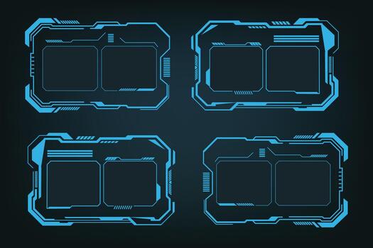 futurista ciber ventana hud elementos conjunto con brillante azul neón marcos para juego ui, tecnología gráficos, y digital interfaces vector