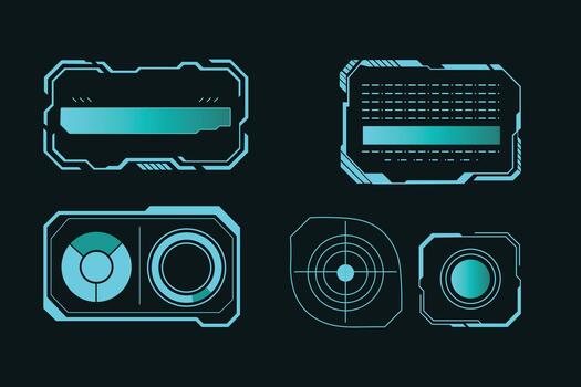 High-tech neon HUD overlay pack with sleek sci-fi frames, digital grids, and UI elements for gaming and technology visuals. vector