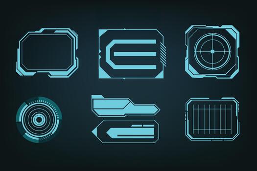 Glowing blue cyber interface frames set with futuristic HUD windows for sci-fi apps, dashboards, and tech designs. vector