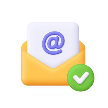 Open envelope with envelope with document showing an email at symbol and green check mark. Verified email, message sent and email confirmation concept. 3d icon. Cartoon minimal style. vector