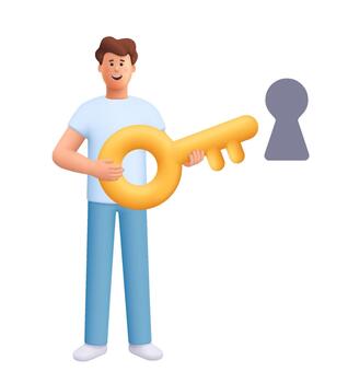 joven sonriente hombre James participación dorado grande llave siguiente a ojo de cerradura. desbloquear negocio accesibilidad, solución, seguridad, seguridad, proteccion concepto. 3d personas personaje. dibujos animados mínimo estilo. vector
