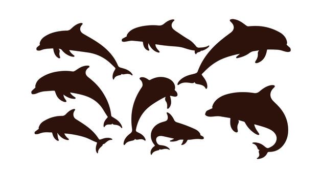 Cheerful dolphins in a spectrum of colors and shapes, isolated on a white background. illustration vector