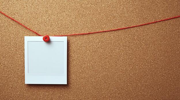 An empty photo frame is attached to a red cord