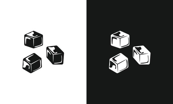 Monochromatic ice cubes icon set showing black and white silhouettes on split backgrounds. Versatile graphic element for drinks, cold themes, and branding vector