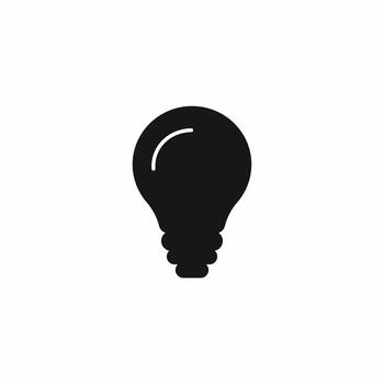 Solid black silhouette icon of a simple light bulb, featuring a minimal reflective curve. Represents innovative idea, solution, inspiration, and electric power concepts. Clean design vector