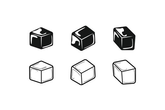 Set of six ice cube icons featuring both solid black silhouettes and clean white outline styles. Excellent versatile graphic element for summer, beverages, and cold concepts vector