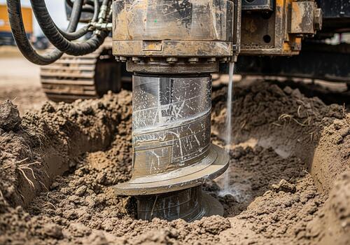 Drilling machine with large auger bit excavating dirt and rocks from ground. Extraction of underground material for geotechnical analysis and foundation assessment. Soil sampling during pile drilling photo