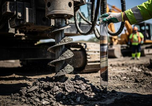 Drilling machine with large auger bit excavating rocks from ground. Soil sampling during pile drilling. Extraction of underground material for geotechnical analysis and foundation assessment photo