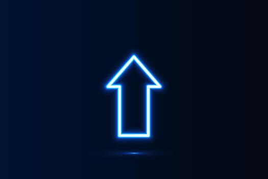 Bright blue neon arrow pointing upward on a dark background, symbolizing progress, growth and direction vector