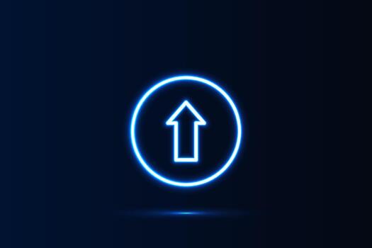 Bright glowing neon outline of an upward pointing arrow inside a circle on a deep dark blue background, Represents upload, growth, progress, success and navigation vector