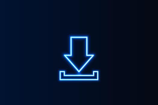 Bright blue neon download arrow symbol on a dark background, representing data transfer and digital access vector