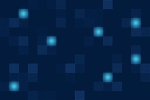 Dark blue abstract background with a seamless halftone pixel pattern, Features dotted squares and glowing light spots, Represents data, tech and connectivity vector