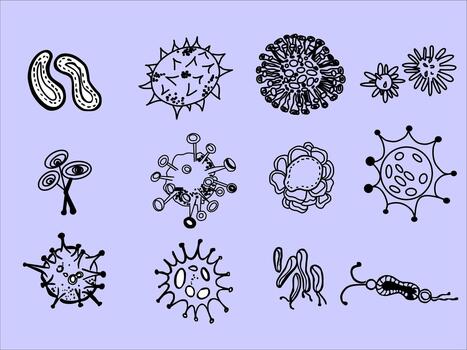 illustration of bacteria and viruses in one set with background vector