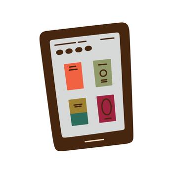 Electronic ebook reader device illustration with flat cartoon interface, digital library screen, book covers selection, modern technology for education, learning, online reading platforms vector