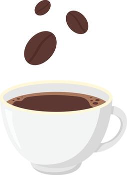 Cup of Coffee with Floating Coffee Beans Flat Illustration. Clean Icon Design Element on Isolated White Background vector