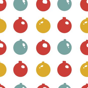 Seamless pattern of Christmas ornaments in various colors and sizes on a white background. vector