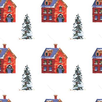 Seamless pattern of red houses and a tree with a wreath on the door. vector