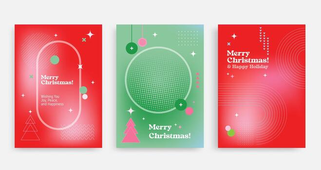 alegre Navidad saludo tarjetas presentando vibrante colores y festivo diseños alegre elementos me gusta árboles, círculos, y patrones crear alegre vector