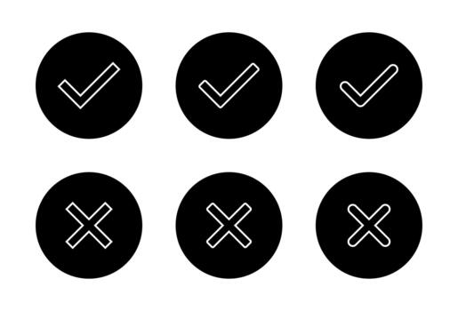 Check mark and cross outline icon in black circle. Tick and X symbol. Correct and incorrect sign vector