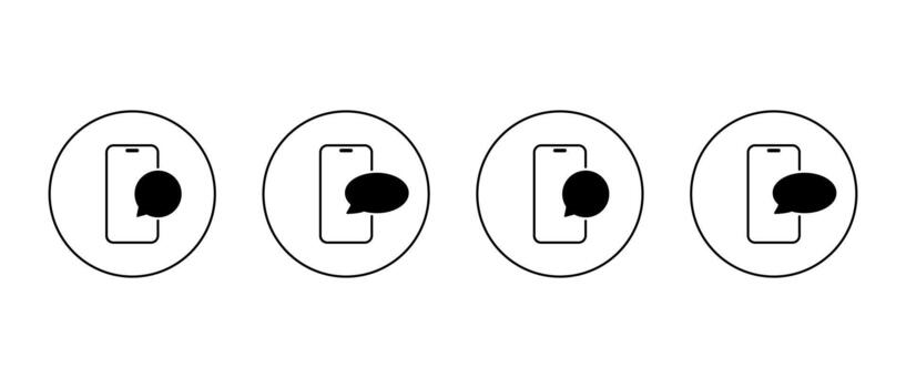 Smartphone message icon in circular outline. Phone with chat bubble symbol vector