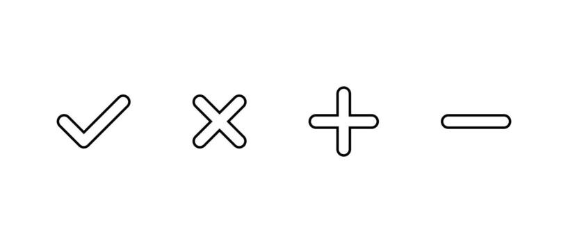 Check mark, cross, add, and remove icon in line style. Checkmark, X, plus, and minus symbol. Editable stroke vector