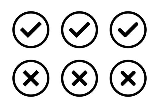 Check and cross mark icon set in circular outline. Tick and X symbol vector