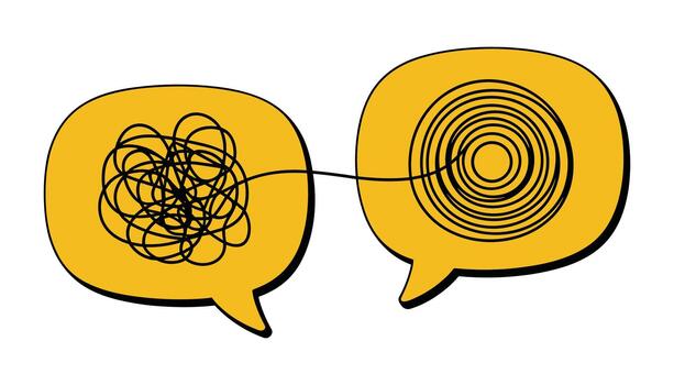 Two yellow speech bubbles connected by a line one with tangled lines the other with concentric circles vector