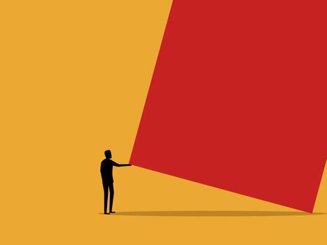 a man holding a red rectangle in front of a yellow background vector