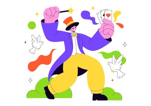 Wonder Act Illustration Depicting Prestidigitator Creating Astonishment With Wand On Show Deck In Flat Cartoon Image vector