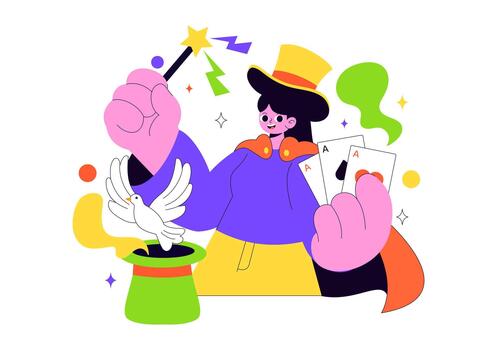 Enchanted Show Illustration Portraying Wizard Shaping Miracles Using Wand On Spotlight Platform In Flat Cartoon Theme vector