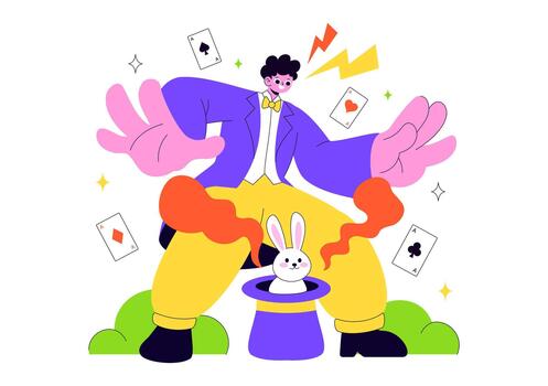 Spellbinding Figure Illustration Showing Mage Executing Charms Over Hat On Presentation Arena In Flat Cartoon Look vector