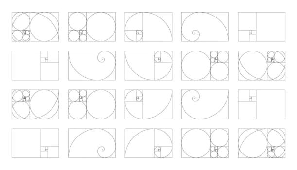 Collection of horizontal golden ratio harmony proportions templates. Fibonacci numbers template, array set. vector