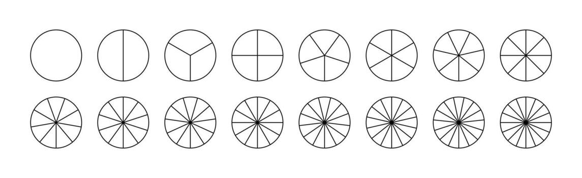 Parts of diagram wheel from 1 to 16. Template of pie chart. Coaching blank. Segmented charts. Pie charts, pizza charts set. 16 circles. Sectors divide the circle on equal parts. Outline black graphics vector