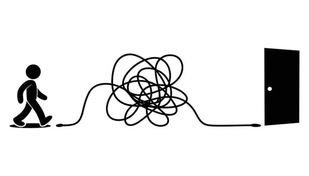 negro palo figura caminando hacia un puerta con un enredado negro línea conectando ellos enredado línea conexión vector
