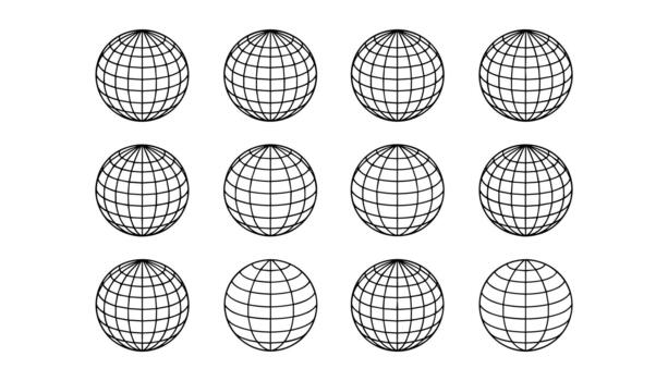 Twelve black outline globes arranged in three rows of four on a white background world earth vector