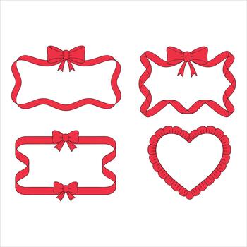 Four Red Ribbon Frames With Bows And A Heart Shape On White Background border vector