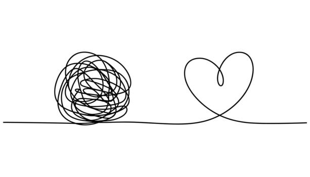 Single black line drawing of a tangled ball and a heart shape on white background abstract chaos vector